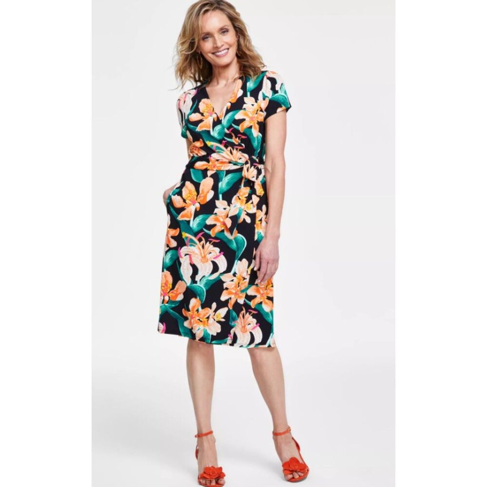 Colorful Floral Sz XL Stretchy Jersey Knit Knee Length Wraparound Dress Pockets